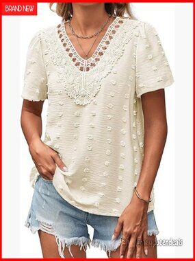 Boho Swiss Dot Blouse Short Sleeve V Neck Flowy Tunic Top